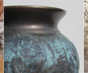 The weathered bronze effect on this once plain vase by painting it with Reactive Bronze paint and applying Blue Patina solution.