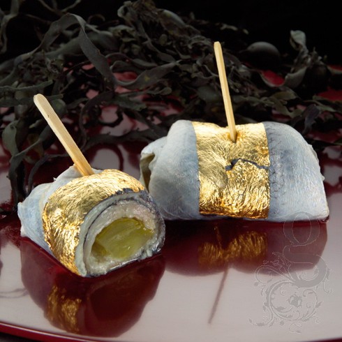 Edible Gold Leaf Transfer Wrapped Around Sushi
